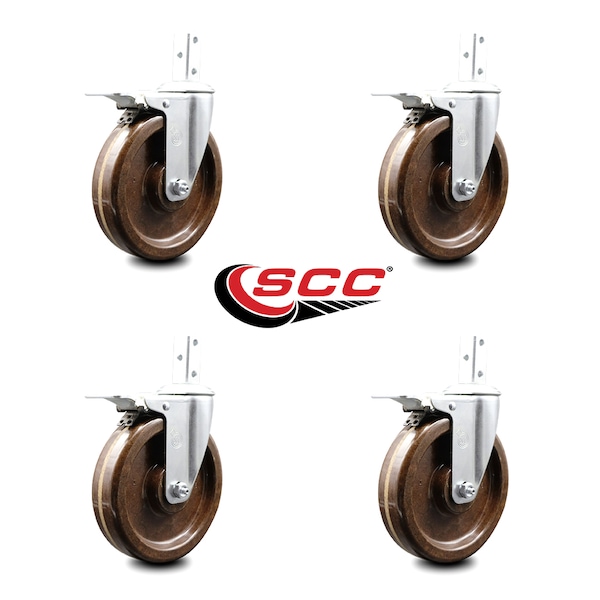 6 Inch High Temp Phenolic 7/8 Inch Square Stem Caster Set Total Lock Brake SCC